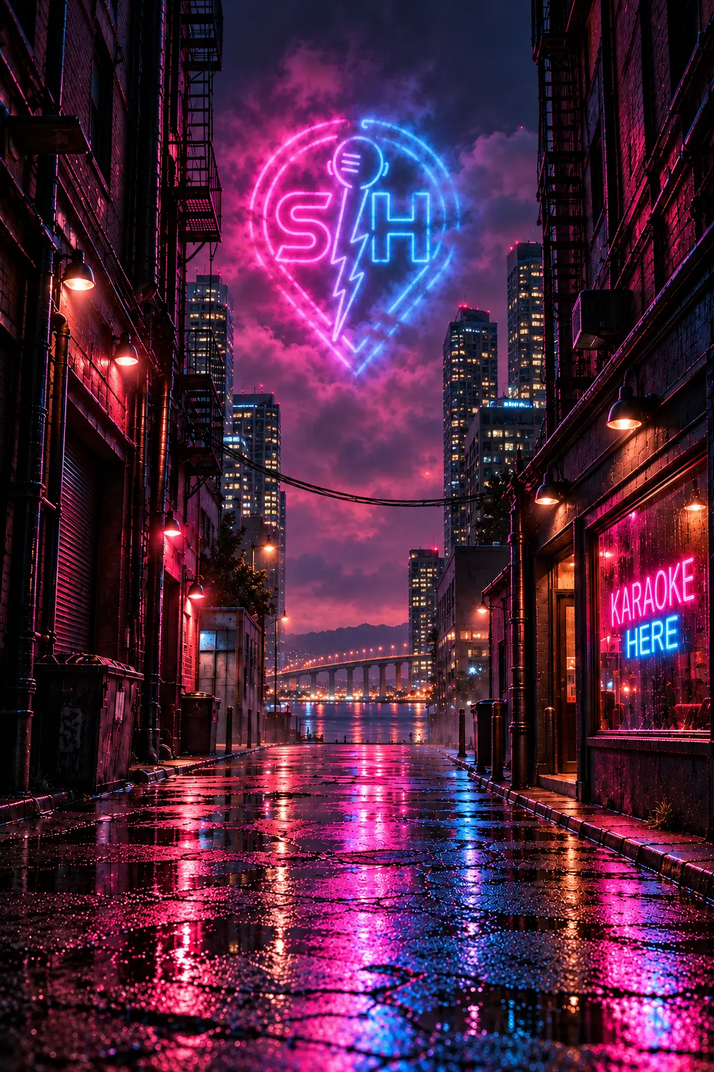 A neon-lit alley leading to SingHUB karaoke venues